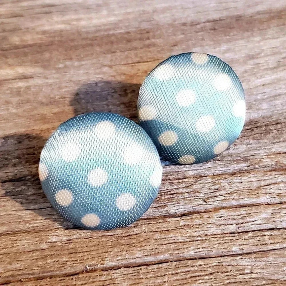 Polka Dot Blue White Pretty Woman Round Silk Blend Fabric Button Earrings - Picture 1 of 6